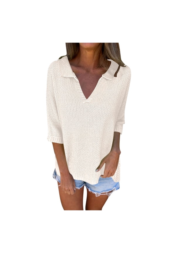 3/4 Sleeve Knitted Sweaters for Women Loose V Neck Lapel Blouses Fall Casual Solid Going Out Tunic Tops Beige XXXL