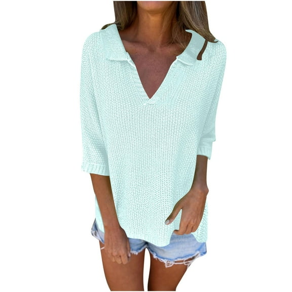 Olyvenn 3/4 Sleeve Knitted Sweaters for Women Loose V Neck Lapel Blouses Fall Casual Solid Going Out Tunic Tops Blue S