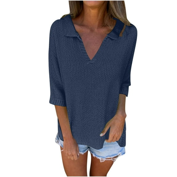 Olyvenn 3/4 Sleeve Knitted Sweaters for Women Loose V Neck Lapel Blouses Fall Casual Solid Going Out Tunic Tops Navy XL