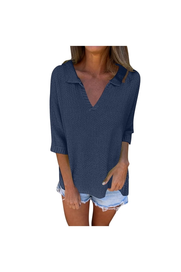 3/4 Sleeve Knitted Sweaters for Women Loose V Neck Lapel Blouses Fall Casual Solid Going Out Tunic Tops Navy XXXL