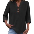 thumbnail image 1 of Olyvenn 3/4 Sleeve Linen Tops for Women 2025 Loose Fit V Neck Button Down Henley Shirts Cute Solid Summer Beach Tee Shirts Black M, 1 of 6