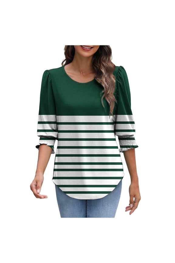 3/4 Sleeve Shirts for Women Trendy Pleated Crew Neck Tunic Tops Loose Casual Striped Summer Dressy Blouses Army Green S