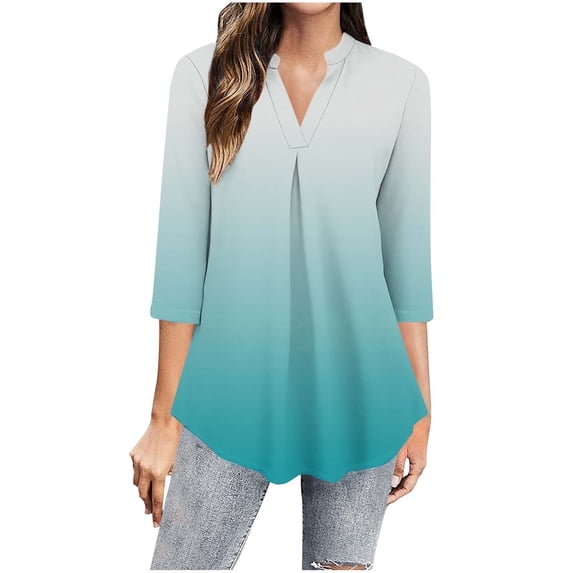 Olyvenn 3/4 Sleeve Tops for Women 2025 Dressy Casual V-Neck Blouses Pleated Front Ruffles Solid Color Loose Shirt Tops Army Green XXL