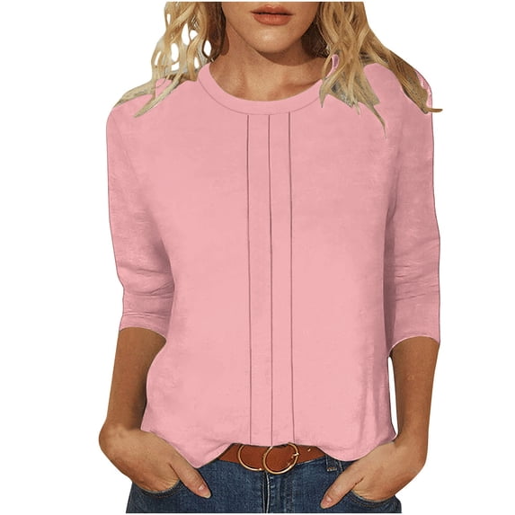 Olyvenn 3/4 Sleeve Tops for Women Casual Crewneck Comfy Tunic Shirts Loose Fit Solid Color Wrinkled Pullover Tees Pink L
