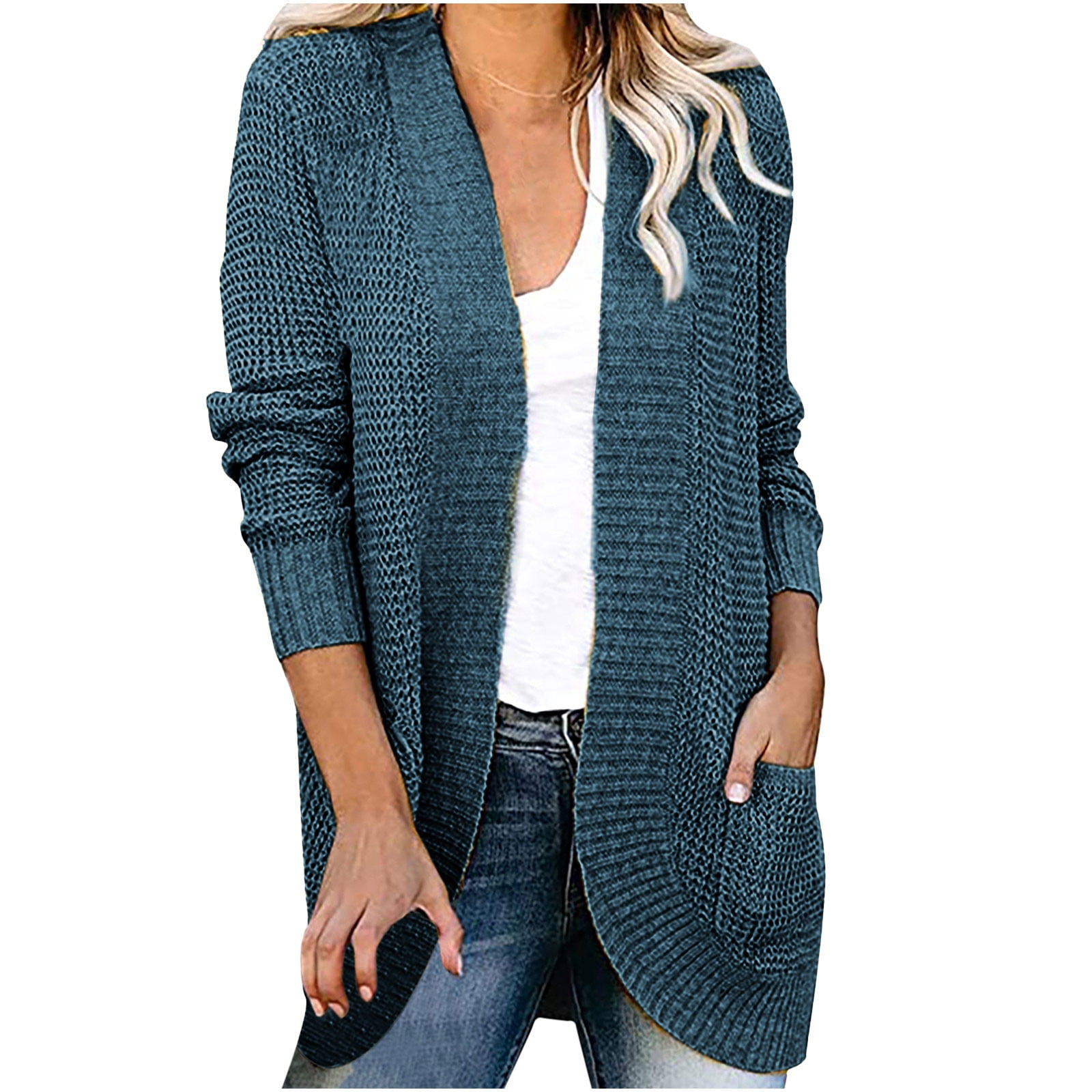 Olyvenn Autumn And Winter Women's Casual Solid Long Cardigan Outwear Casual  Tops Jacket Sweaters With Pocket Curved Hem Open Front Knit Sweater  Cardigans Blue 10 
