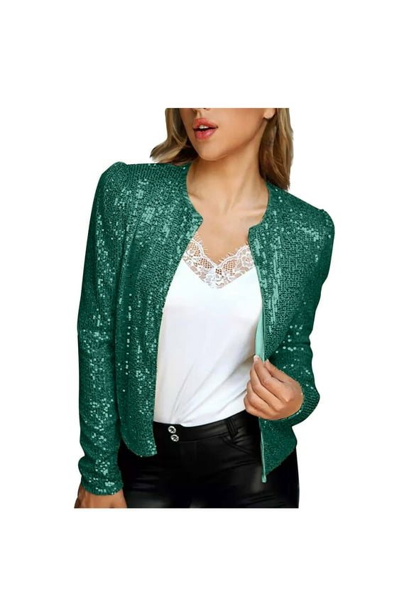 Autumn Party Cardigan Blazer Blouse Fashion Women's Plus Casual Long Sleeve Sequined Loose Hoodless Outwear Female Outwear Green S