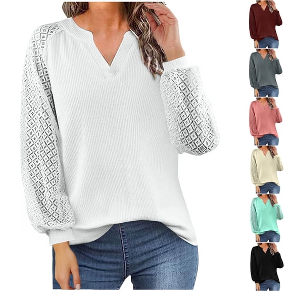 Olyvenn Basic Shirts for Women Hollow Out Long Sleeve Sweater Trendy Oversized V Neck Sweatshirt Soft Cozy Pullover Outdoors Beige 6