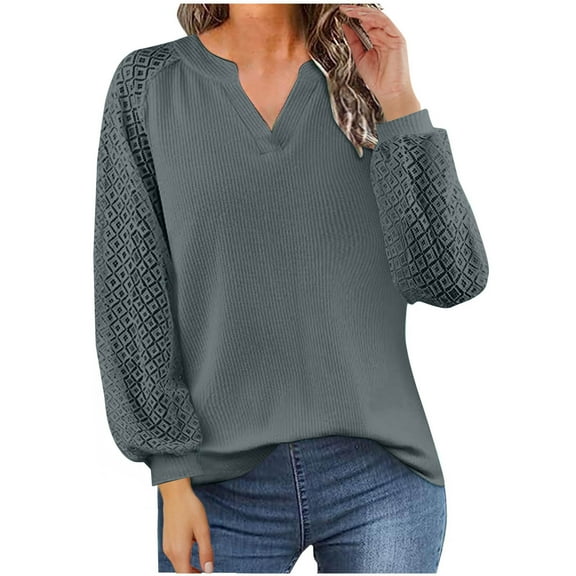Olyvenn Basic Shirts for Women Hollow Out Long Sleeve Sweater Trendy Oversized V Neck Sweatshirt Soft Cozy Pullover Outdoors Gray 12