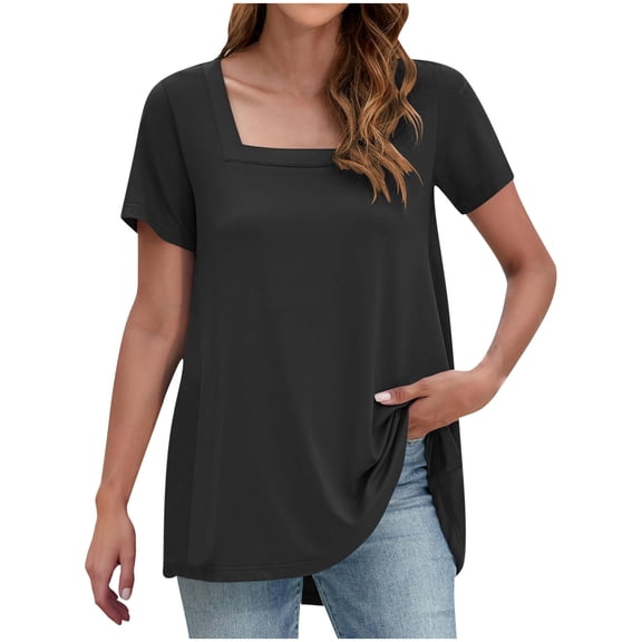 Olyvenn Basic Tops for Woman Loose Fit Casual Short Sleeve Blouses Shirts Fashion Square Neck Solid Spring Summer T Shirts Dark Gray XL