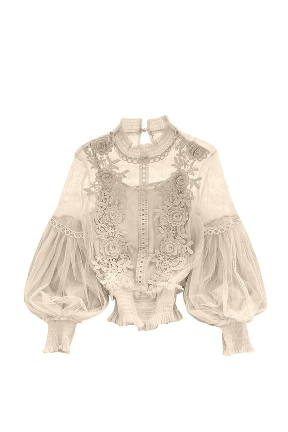 Bell Sleeve Sheer Lace Tops Women Cottagecore 3D Flower Tops Evening Wear See Through Mesh Dressy Crop Blouses Beige Free Size