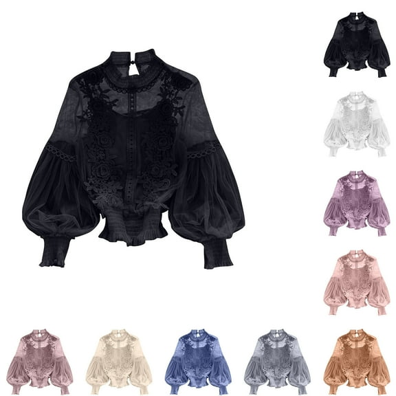 Olyvenn Bell Sleeve Sheer Lace Tops Women Cottagecore 3D Flower Tops Evening Wear See Through Mesh Dressy Crop Blouses Blue Free Size