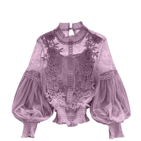 Olyvenn Bell Sleeve Sheer Lace Tops Women Cottagecore 3D Flower Tops Evening Wear See Through Mesh Dressy Crop Blouses Purple Free Size