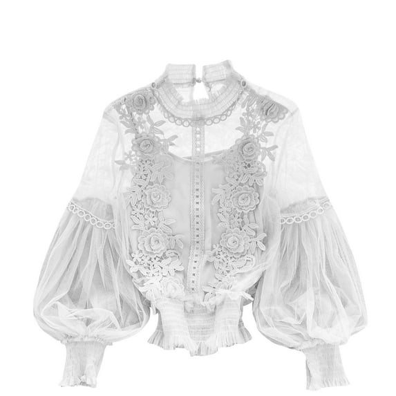 Olyvenn Bell Sleeve Sheer Lace Tops Women Cottagecore 3D Flower Tops Evening Wear See Through Mesh Dressy Crop Blouses White Free Size