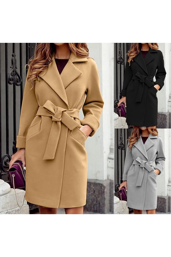 Belted Lapel Long Overcoat Women's Plus Size Loose Female Outwear Womens Autumn And Winter Lapel Woolen Cloth Coat Trench Jacket for 2022 Women Tops Gray XL