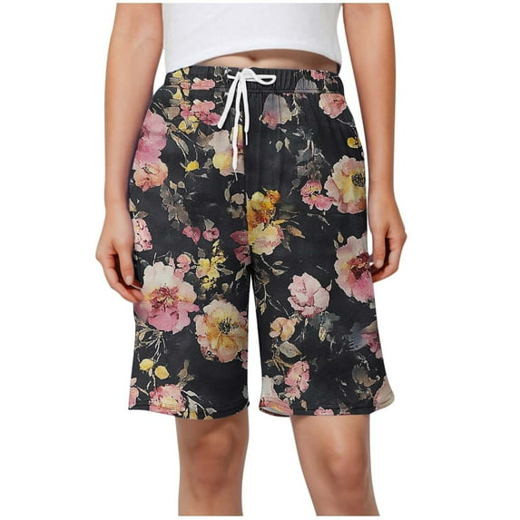 Olyvenn Bermuda Printed Shorts for Women High Waisted Straight Leg Shorts Strechy Drawstring Shorts Fashion Summer Shorts Multicolor M