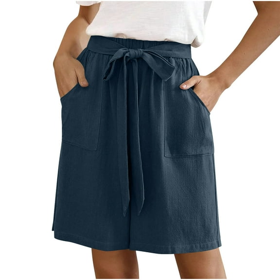 Olyvenn Bermuda Shorts for Women Bowknot Tie Drawstring High Waisted Elastic Comfy Wide Leg with Pocket Lounge Summer Navy S