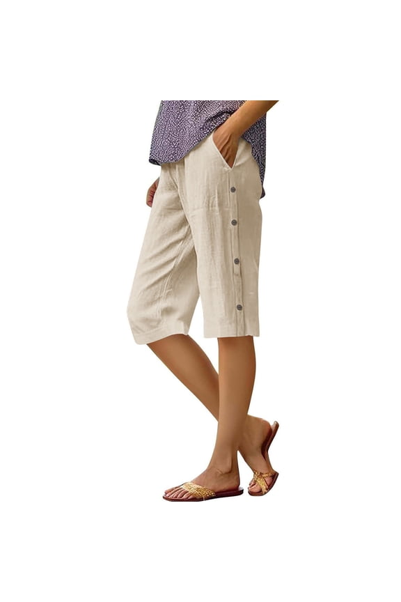 Bermuda Shorts for Women Knee Length Cotton Linen Capris Lightweight Summer Wide Leg Beach Shorts with Pockets Beige M