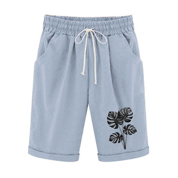 Olyvenn Bermuda Yoga Shorts Linen Shorts for Women Plus Size Drawstring Athletic Beach Knee Length Pants with Poecket Light Blue XL