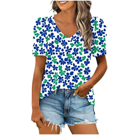 Olyvenn Blouse for Women Dressy Casual Puff Short Sleeve Boho Tops Fashion Classic Floral V Neck Tunic Shirts Summer Clothes Blue S