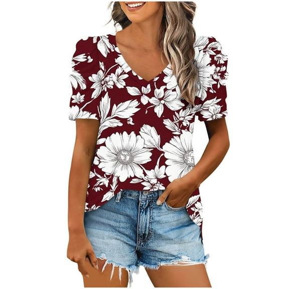 Olyvenn Blouse for Women Dressy Casual Puff Short Sleeve Boho Tops Fashion Floral V Neck Tunic Shirts Summer Clothes Wine M