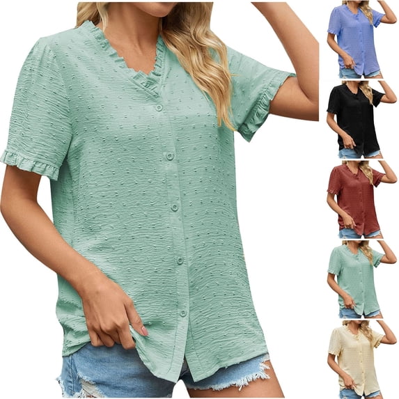 Olyvenn Blouses for Women Dressy Casual Solid Color Button Down Short Sleeve Top Chiffon Elegant Stylish Summer Tunics 2025 Beige 8