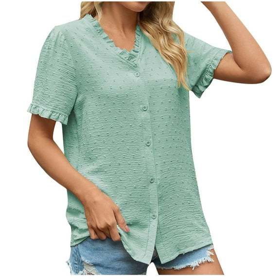 Olyvenn Blouses for Women Dressy Casual Solid Color Button Down Short Sleeve Top Chiffon Elegant Stylish Summer Tunics 2025 Green 8