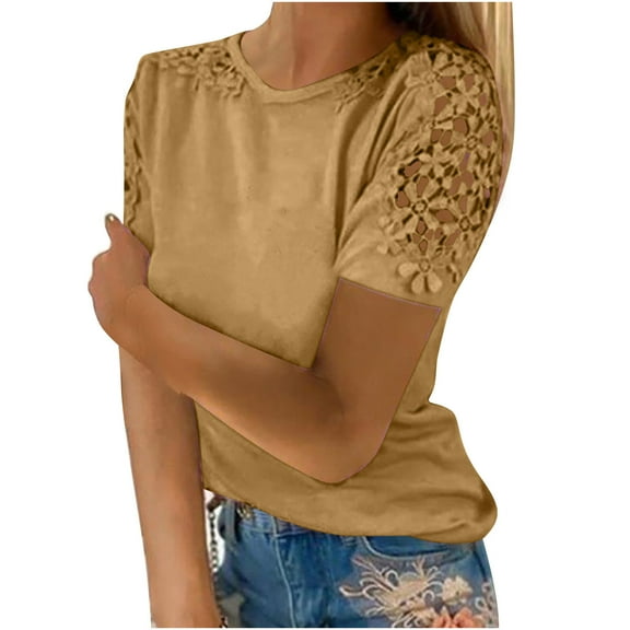 Olyvenn Boho Lace Crochet Short Sleeve Tops for Women Sexy Elegant Summer t Shirt Solid Dressy Casual Blouse Plus Size Khaki M