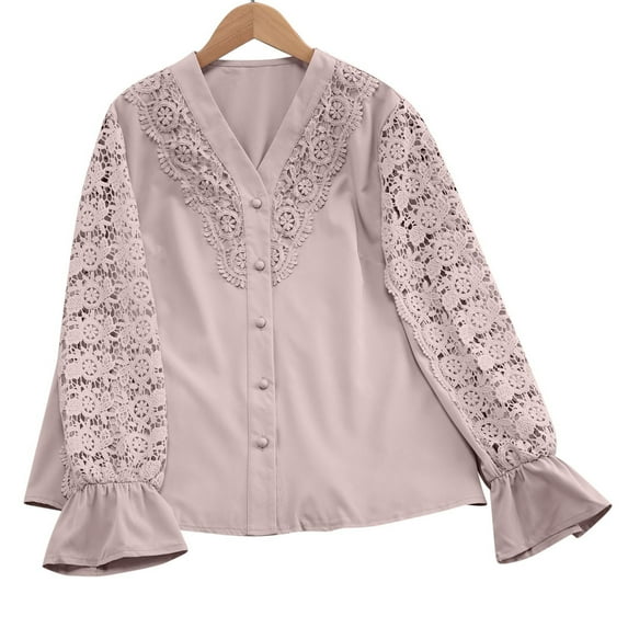 Olyvenn Boho Lace Crochet Top for Women Long Sleeve V-Neck Button Down Shirt with Lace Trim Elegant Blouse for Work and Date Pink XXL