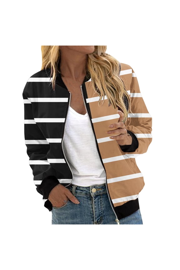 Bomber Jacket Women Fashion Striped Printed Jackets Windbreaker Cropped Coats Zip Up Long Sleeve Coat with Pockets Khaki 10