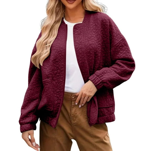 Olyvenn Bomber Jackets for Women Fall Fashion 2025 Cute Floral Coats Long Sleeve Lightweight Zip Up Jackets with Pockets Wine L