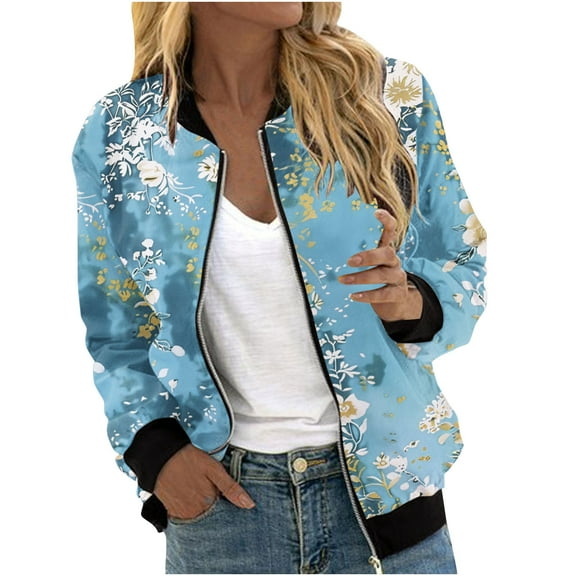 Olyvenn Bomber Jackets for Women Lightweight Zipper Casual Baseball Coats Stand Collar Long Sleeve Windbreaker Fall Outfits Light Blue 4