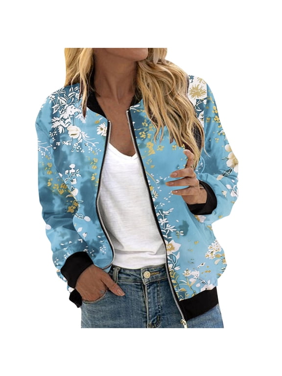 Bomber Jackets for Women Lightweight Zipper Casual Baseball Coats Stand Collar Long Sleeve Windbreaker Fall Outfits Light Blue 4