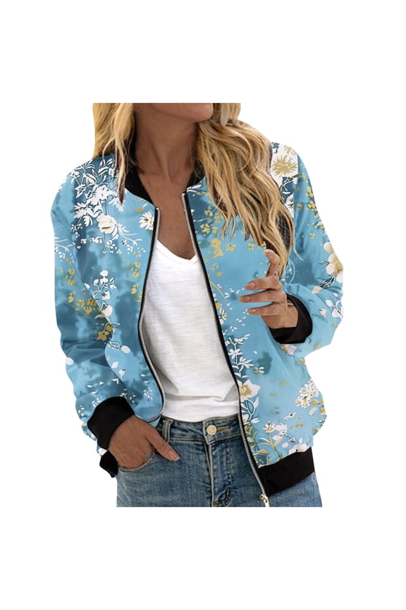 Bomber Jackets for Women Lightweight Zipper Casual Baseball Coats Stand Collar Long Sleeve Windbreaker Fall Outfits Light Blue 6