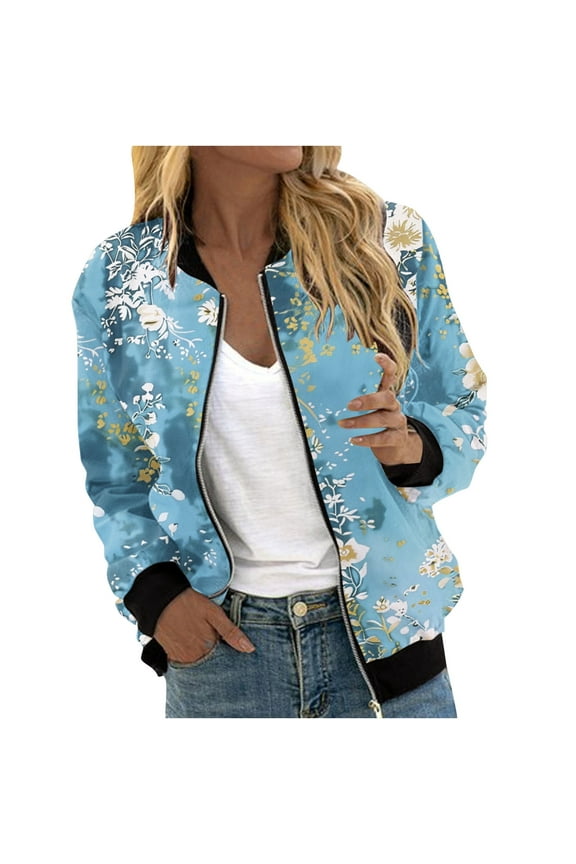Bomber Jackets for Women Lightweight Zipper Casual Baseball Coats Stand Collar Long Sleeve Windbreaker Fall Outfits Light Blue 8