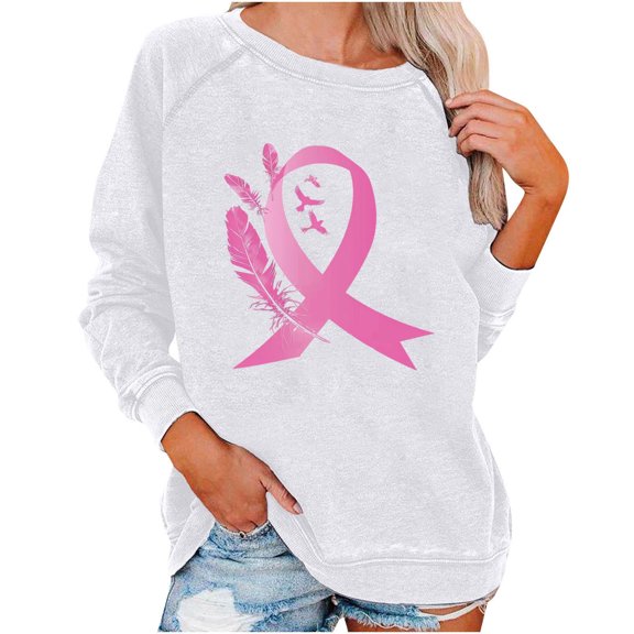 Olyvenn Breast Cancer Awareness Sweatshirts for Women Pink Ribbon Long Sleeve Pullover Tops Shirts Funny Gifts Clothing 2025 White XL