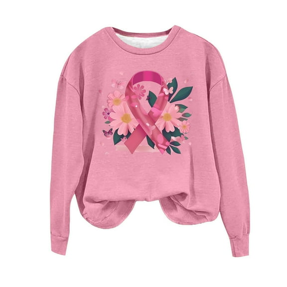 Olyvenn Breast Cancer Shirts for Women Pink Ribbon Long Sleeve Crewneck Sweatshirts Causal Fashion Supporter Survivor Top Tee Pink S