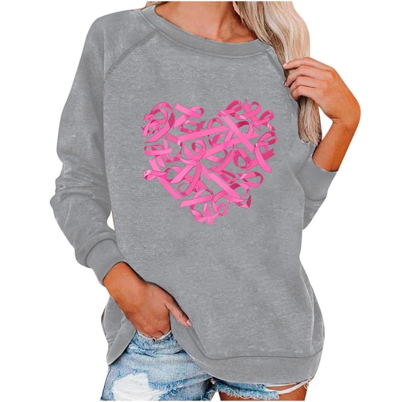 Olyvenn Breast Cancer Survivor Sweatshirts for Women Long Sleeve Pullover Tops Butterfly Ribbon Shirts Funny Clothing Items 2025 Gray L