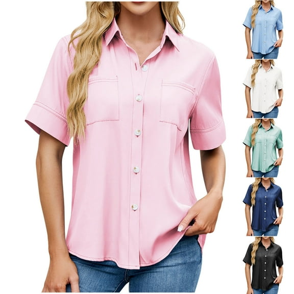 Olyvenn Button Down Shirts for Women Collared Casual Solid Short Sleeve Blouse Loose Fit Dressy Lapel V-Neck Tops with Chest Pocket Blue XXL