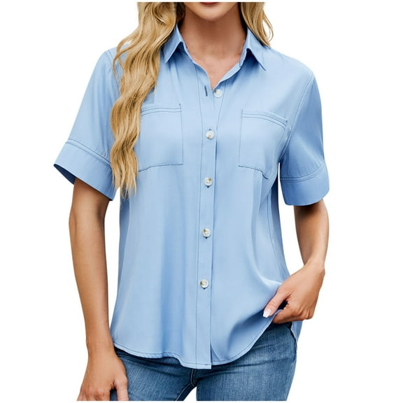 Olyvenn Button Down Shirts for Women Collared Casual Solid Short Sleeve Blouse Loose Fit Dressy Lapel V-Neck Tops with Chest Pocket Light Blue XL