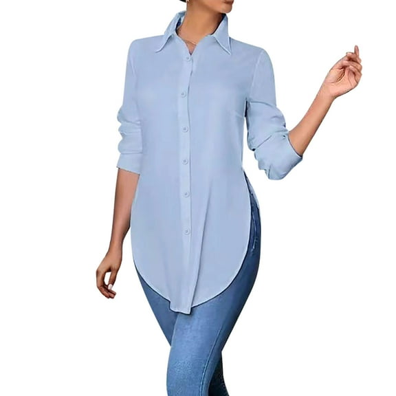 Olyvenn Button Down Shirts for Women Long Sleeve Oversized Boyfriend Shirts Cotton Wrinkle Free Work Blouses Light Blue M