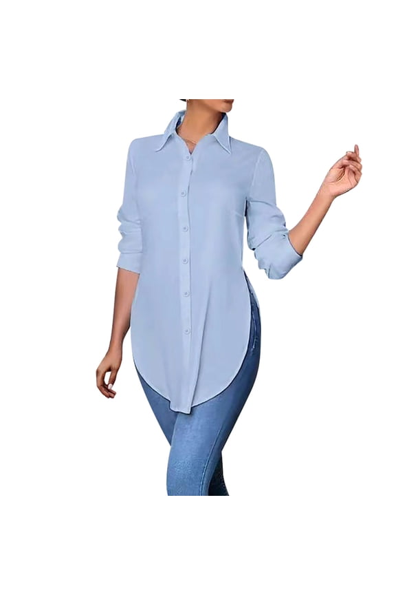 Button Down Shirts for Women Long Sleeve Oversized Boyfriend Shirts Cotton Wrinkle Free Work Blouses Light Blue XL