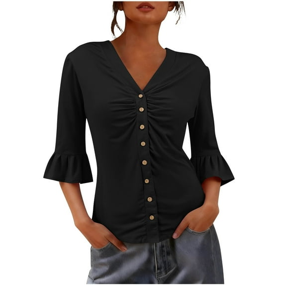 Olyvenn Button Down Shirts for Women Ruffle Half Sleeve Business Casual Blouses Slim Fit Ruched Summer Tops Y2k Clothes Black M