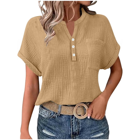 Olyvenn Button Down Shirts for Women Short Sleeve Shirt 2025 Summer Wrinkled V Neck T Shirt Tops Home Beach Blouse with Pocket Khaki L