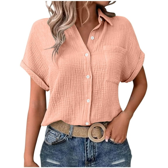 Olyvenn Button Down Shirts for Women Summer Casual Cotton Linen Tops Short Sleeve Lightweight Boho Shirt Gauze Blouses Pink L
