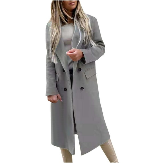 Olyvenn Button Lapel Casual Long Coat Nizi Tweed Overcoat Windbreaker Autunm And Winter Womens Slim Pocket Long Sleeve Suit Collar Solid Cardigan Double Breasted Female Outerwear Gray L