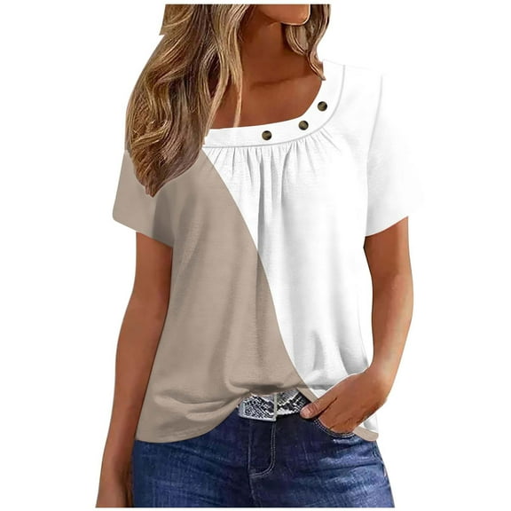 Olyvenn Button Shirts for Women Trendy Summer Short Sleeve Tunic Tops Vintage Color Block Button T-Shirt Casual Dressy Blouses Khaki 14