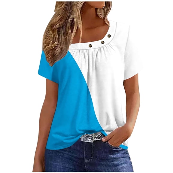 Olyvenn Button Shirts for Women Trendy Summer Short Sleeve Tunic Tops Vintage Color Block Button T-Shirt Casual Dressy Blouses Light Blue 4