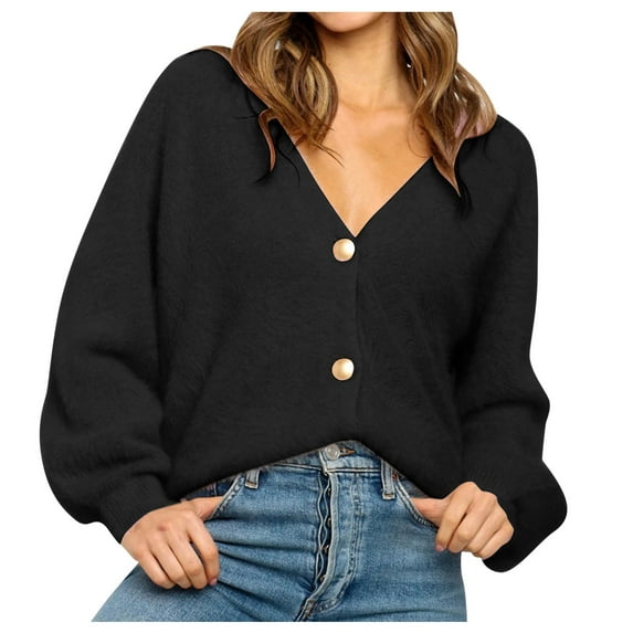 Olyvenn Button Short Sweaters for Women Outerwear Loose Casual Ladies Fashion Long Sleeve V-Neck Solid Color Female Leisure Black S