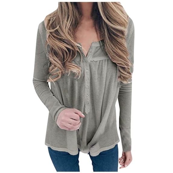 Olyvenn Button Up Tunic Tops for Women Loose V Neck Long Sleeve Pullover Casual Solid T-Shirts 2025 Spring Clothes Gray 4-6