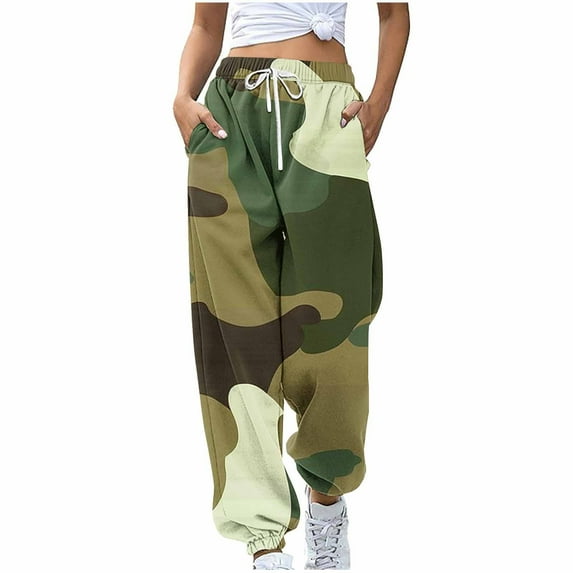 Olyvenn Camo Cargo Pants for Women Casual Drawstring High Waist Parachute Pants Baggy Wide Leg Hiking Pants with Pockets Camouflage 4-6